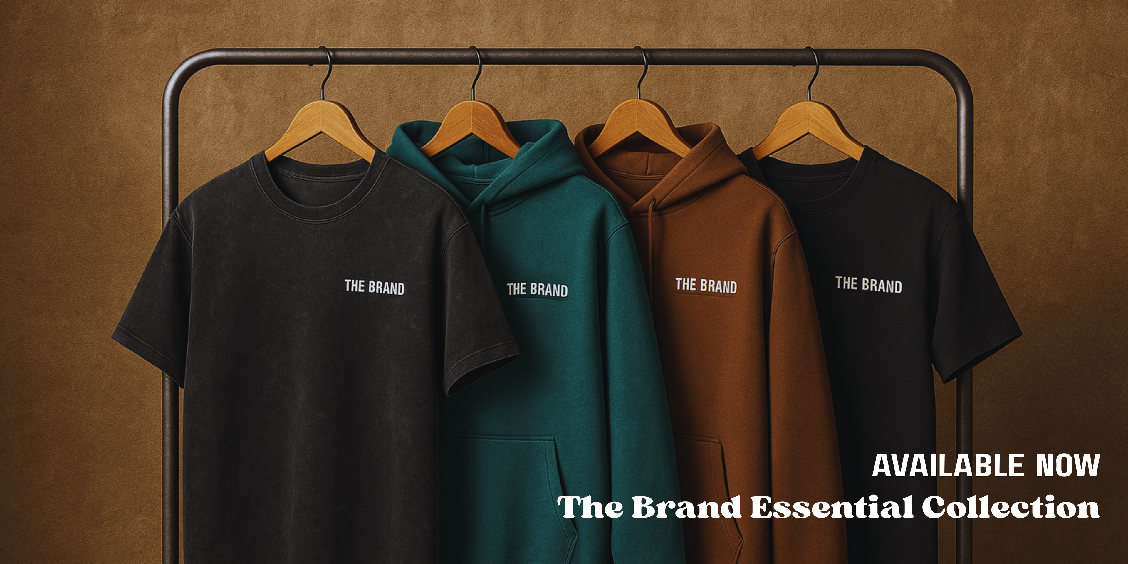 Four hoodies on hangers with 'THE BRAND' logo against a brown background